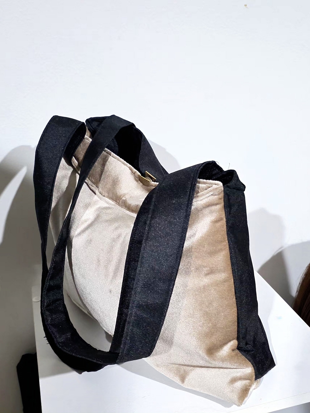 Beige Velvet Shoulder Bag with Black Straps